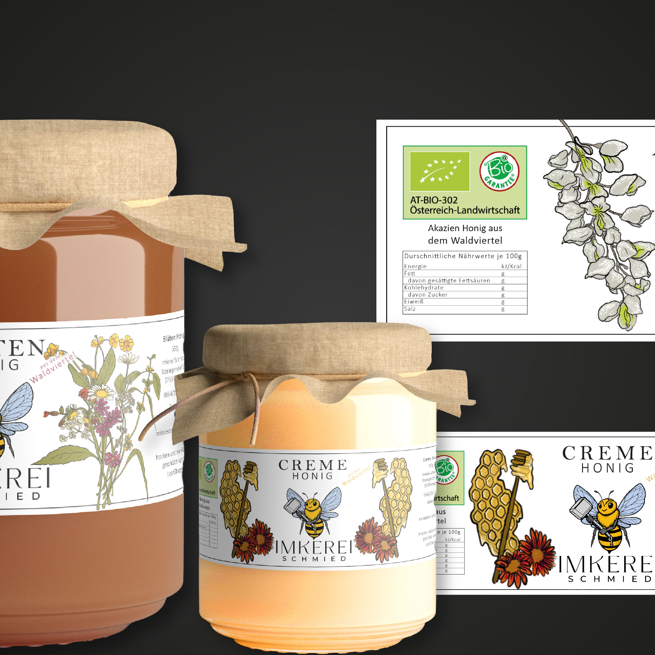 etikettendesign für honigmarke mit illustration eines honig löffels und blüten